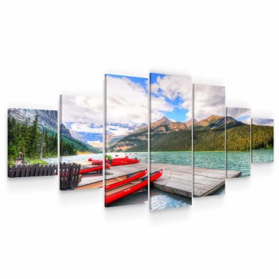 Huge Canvas Wall Art - Canoe In Mountain Lake Set of 7 Panels