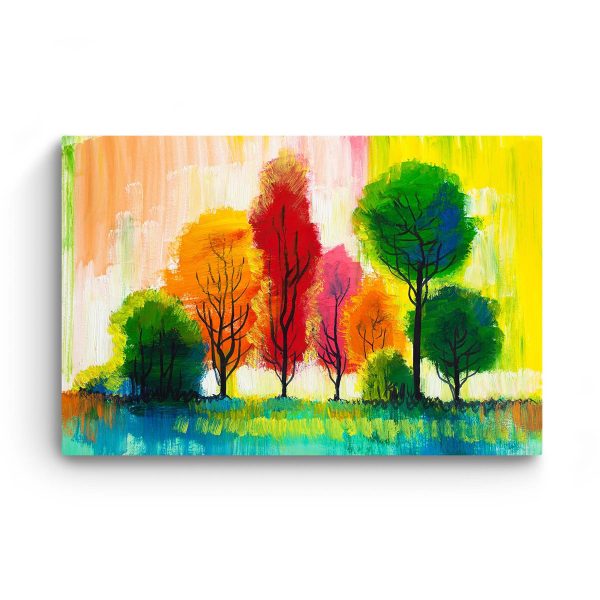 Canvas Wall Art - Abstract Rainbow Trees Painting Green Yellow Red