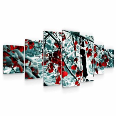 Huge Canvas Wall Art - Red Leaves In Snow Set of 7 Panels