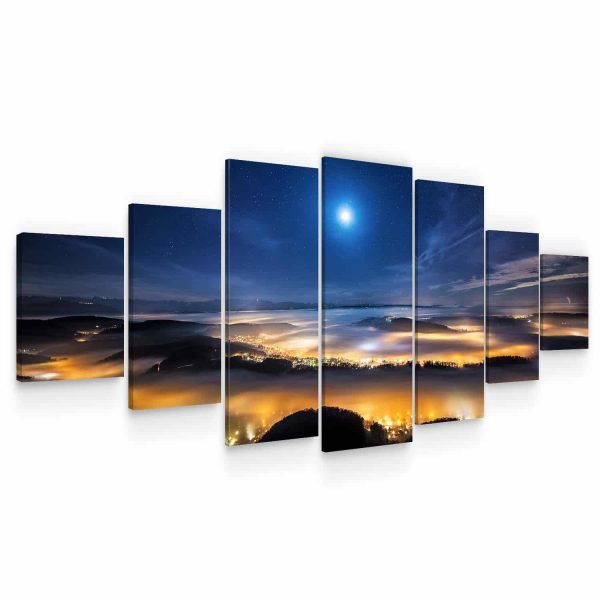 Huge Canvas Wall Art - Moon Over Los Angeles in Fog Set of 7 Panels