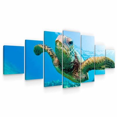 Huge Canvas Wall Art - Turtle in The Ocean Set of 7 Panels