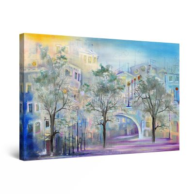 Canvas Wall Art - Fantasy Town Teal Painting