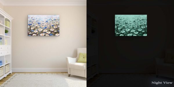 Canvas Wall Art - White Blue Field of Flowers Painting