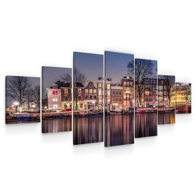 Huge Canvas Wall Art - Amsterdam Canal Houses At Night Set of 7 Panels
