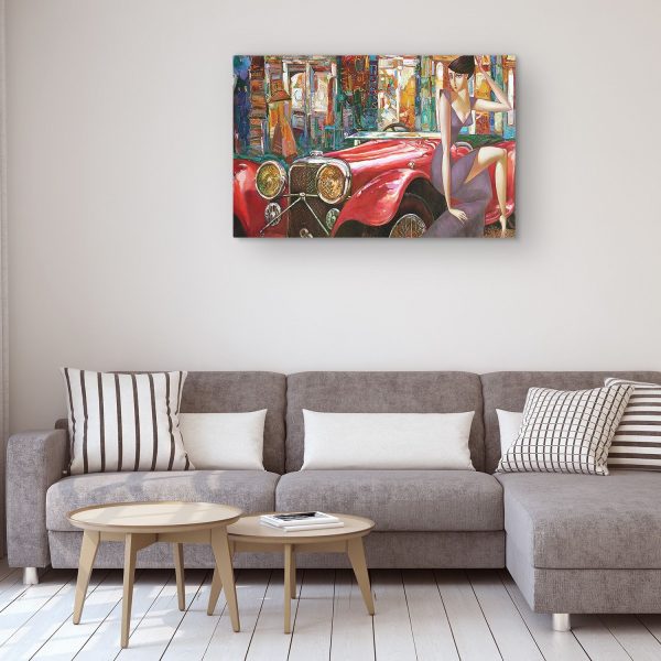 Canvas Wall Art - Abstract Red Retro Car and Woman