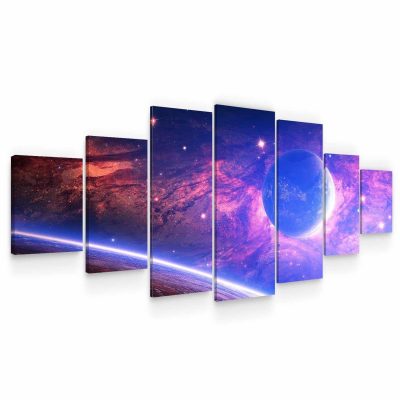 Huge Canvas Wall Art - Blue Planet On A Pink Background Set of 7 Panels