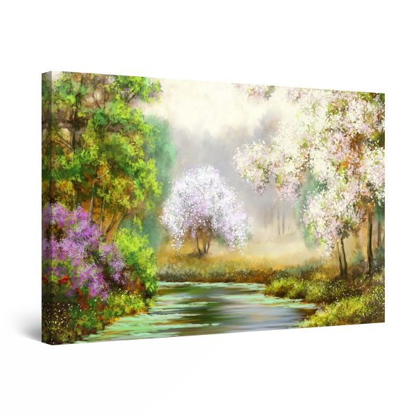 Canvas Wall Art - Springtime Season, River and Blooming Trees Painting