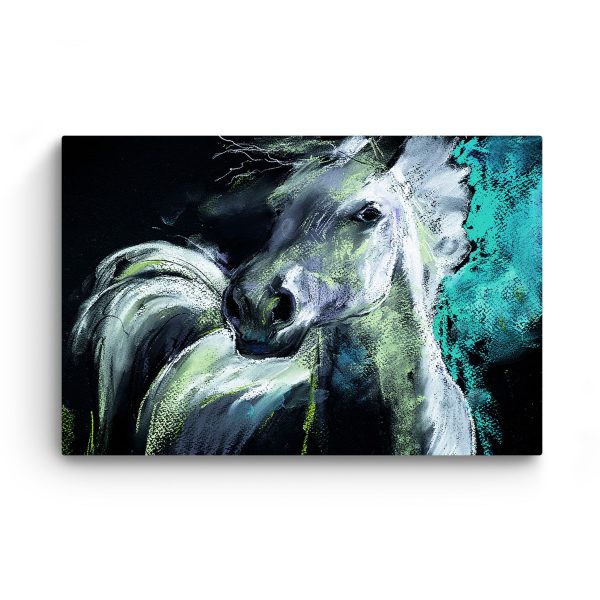 Canvas Wall Art - White Teal Horse Painting