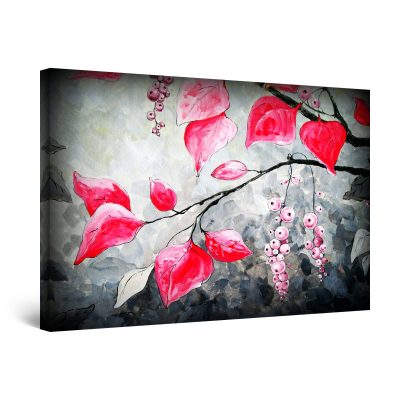 Canvas Wall Art - Abstract - Pink Leaves and Fruits on the Young Branch
