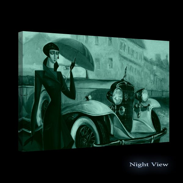Canvas Wall Art - Woman, Umbrella and Retro Car