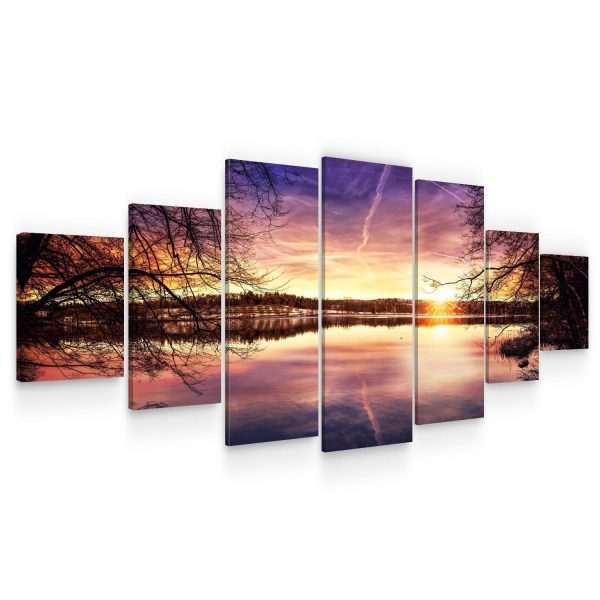 Huge Canvas Wall Art - Multicolor Sunset On The Lake Set of 7 Panels