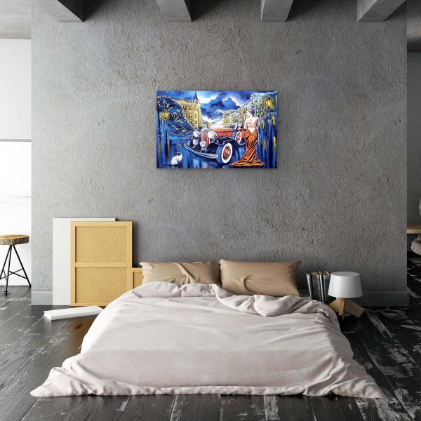 Canvas Wall Art - Blue Retro Car and Woman in Red