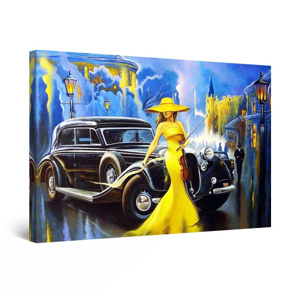 Canvas Wall Art - Retro Black Car and Woman in Yellow