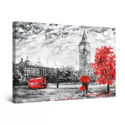 Canvas Wall Art - Black and White London City Red Accents