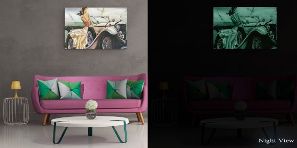 Canvas Wall Art - Beige Retro Car and Woman