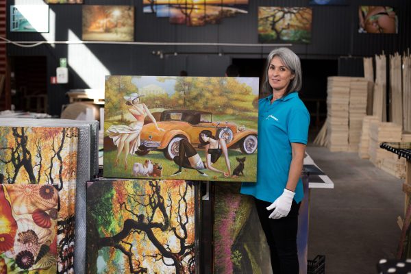 Canvas Wall Art - Orange Retro Car and Woman