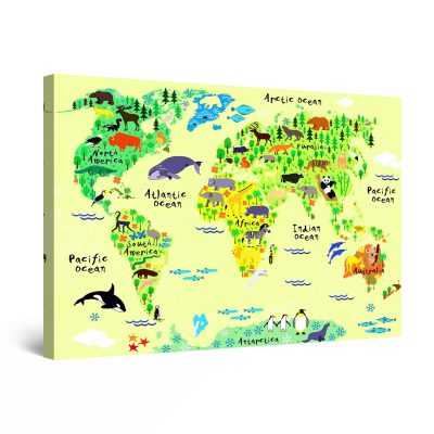 Canvas Wall Art - Colored World Map with Animals for Kids