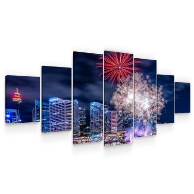 Huge Canvas Wall Art - Fireworks Over The City Set of 7 Panels