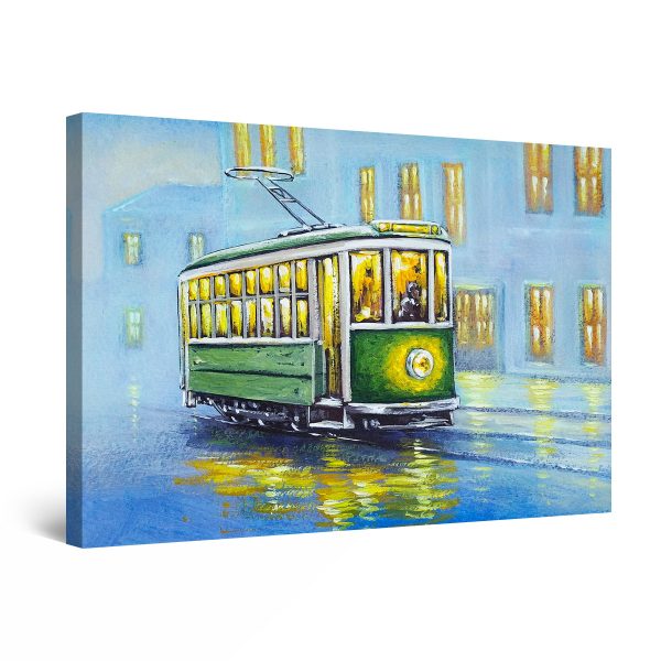 Canvas Wall Art - Green Trolley through the Blue Rain