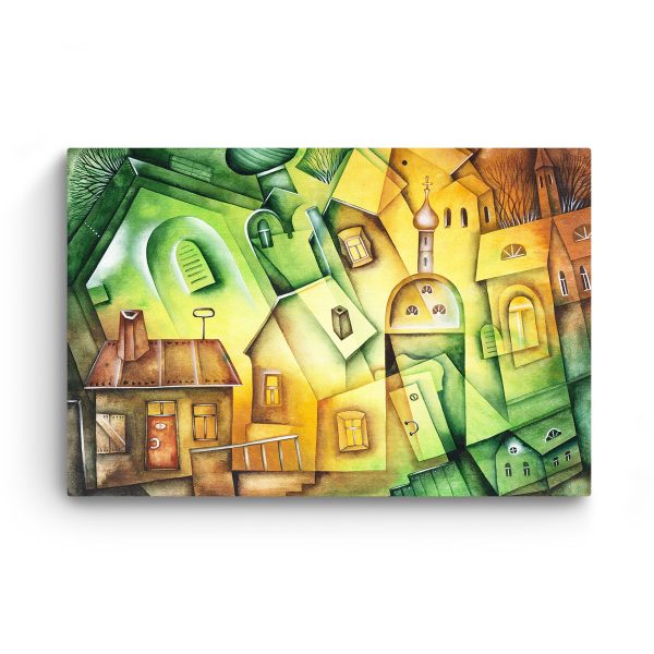 Canvas Wall Art - Minimalism City Painting Green Yellow