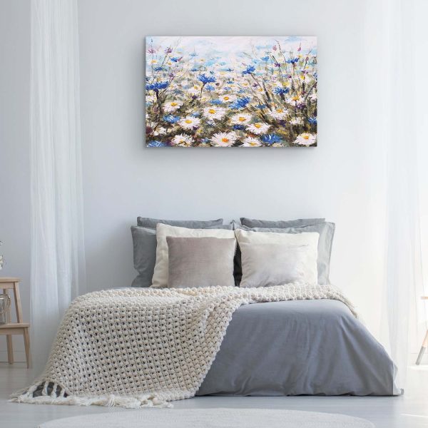Canvas Wall Art - White Blue Field of Flowers Painting