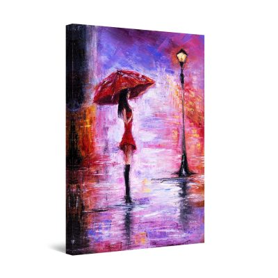 Canvas Wall Art - Purple Rainy Day, Woman and Red Umbrella