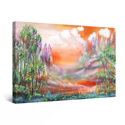 Canvas Wall Art - Red Orange Sky and Green Trees Painting