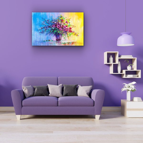 Canvas Wall Art - Abstract Half Yellow Half Blue, Flowers in Vase