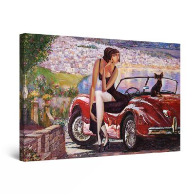 Canvas Wall Art - Red Retro Car, Dog and Woman
