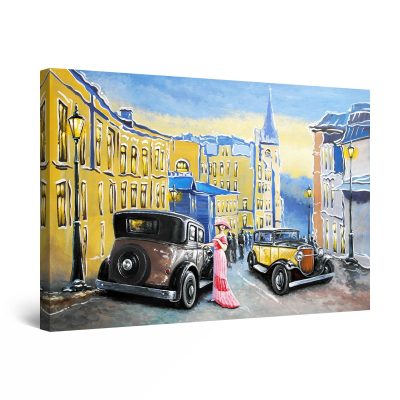Canvas Wall Art - Abstract - Retro Cars on the Old's Town Streets