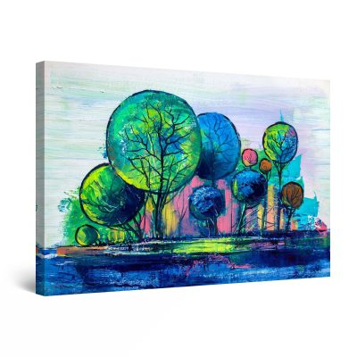 Canvas Wall Art - Abstract Rainbow Trees Painting Blue Green