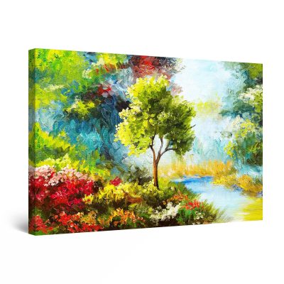 Canvas Wall Art - Single Tree Landscape Green Red Yellow Painting