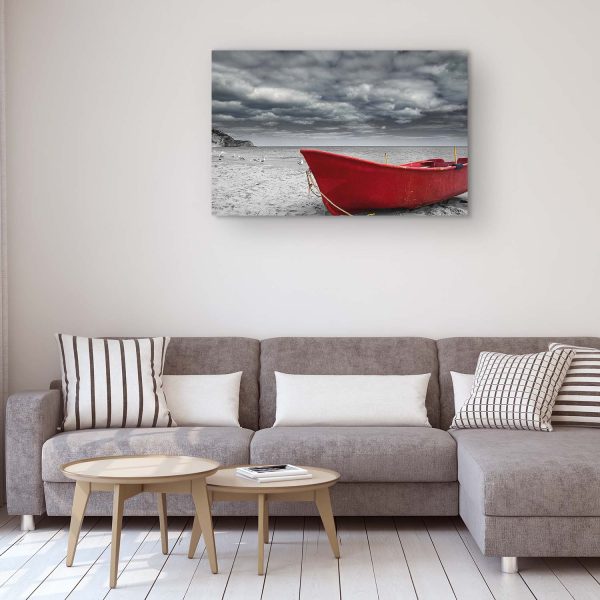 Canvas Wall Art - Red Boat on the Beach Surreal Sky