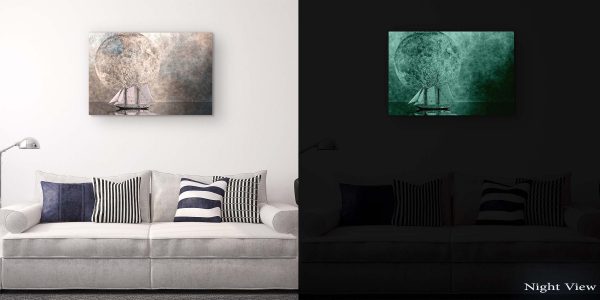 Canvas Wall Art - Abstract Ship and Moon Gray