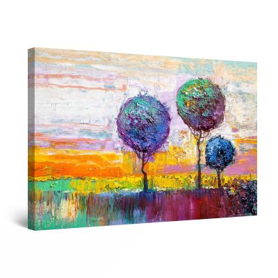 Canvas Wall Art - Abstract Rainbow Trees Painting Green Yellow Blue