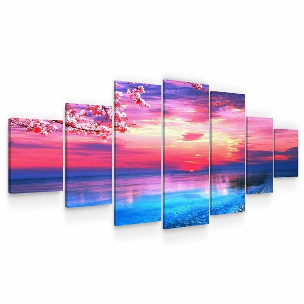 Huge Canvas Wall Art - Pink Sunset Beach Set of 7 Panels