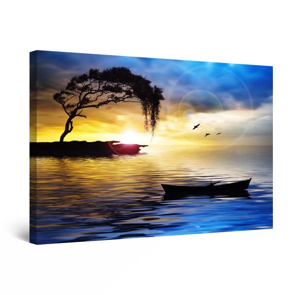 Canvas Wall Art - Blue Landscape Tree, Boat and Sea