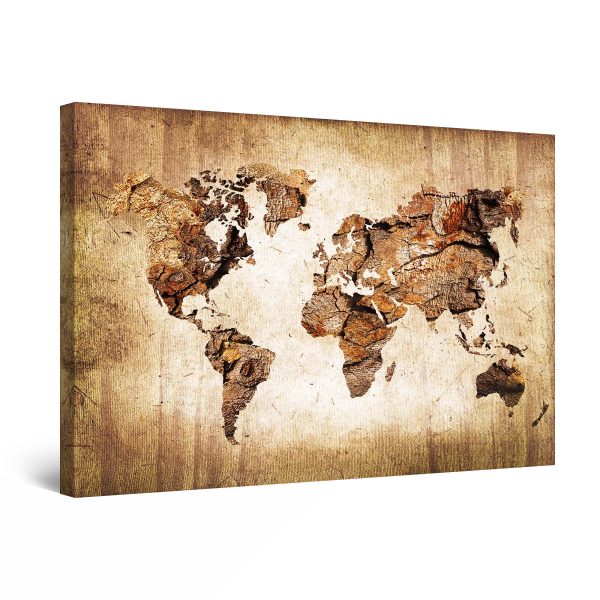 Canvas Wall Art - World Map Brown Wood Grunge