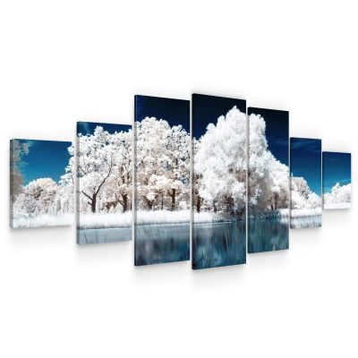 Huge Canvas Wall Art - White Frozen Forest and Lake Set of 7 Panels