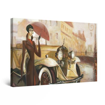 Canvas Wall Art - Beige Retro Car and Woman in Rainy Day