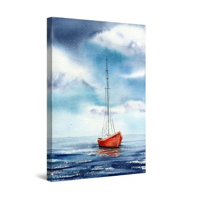 Canvas Wall Art - Lonely Red Boat on the Sea Painting