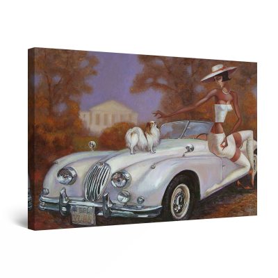 Canvas Wall Art - White Retro Car and Woman