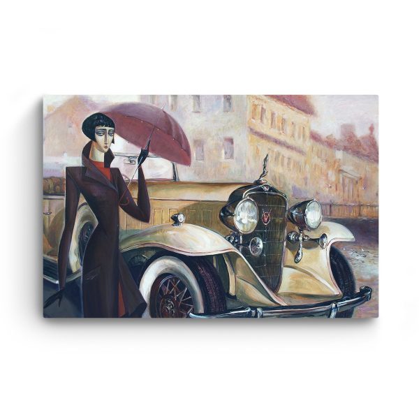 Canvas Wall Art - Woman, Umbrella and Retro Car