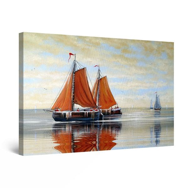 Canvas Wall Art - Abstract - Orange Sailboats on the Mirror Sea Painting
