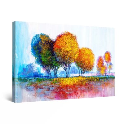 Canvas Wall Art - Abstract Rainbow Trees Painting Golden Pink Blue