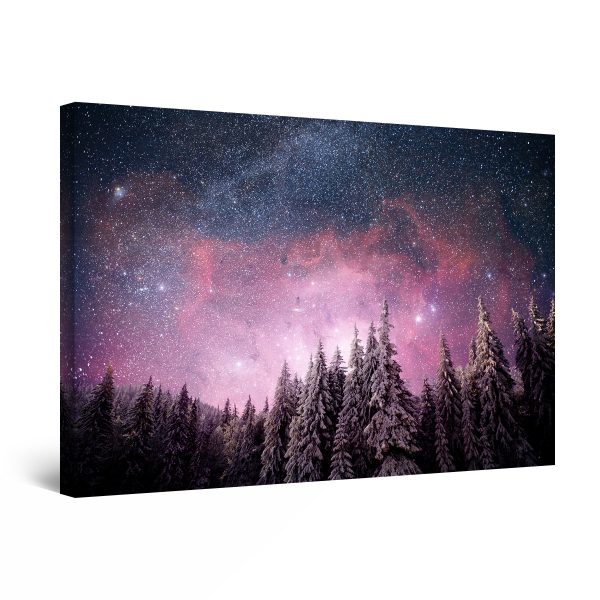 Canvas Wall Art - Abstract - Starry Purple Sky over Fir Trees Painting