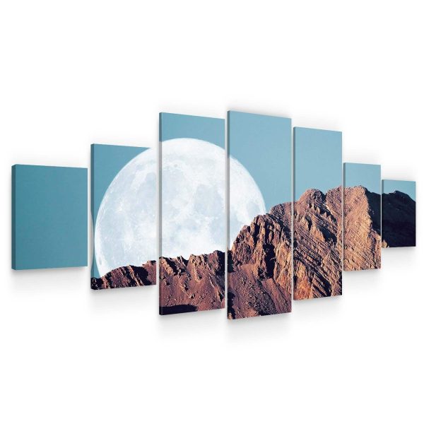 Huge Canvas Wall Art - Full Moon Behind Mountain Set of 7 Panels