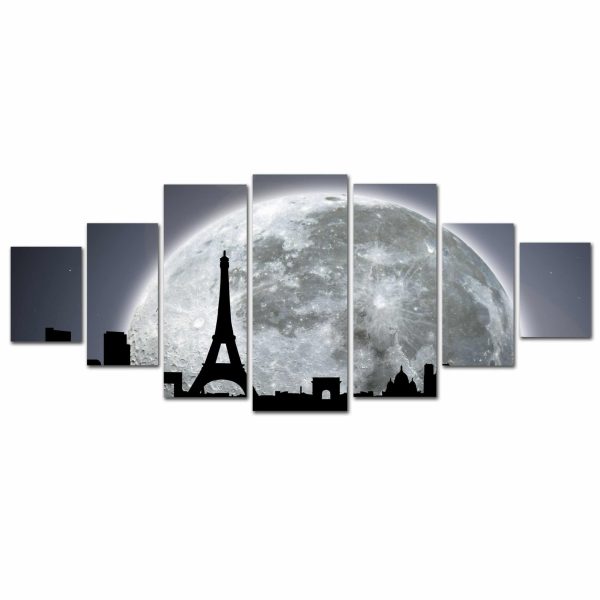 Huge Canvas Wall Art - Black and White Moon on Paris Set of 7 Panels