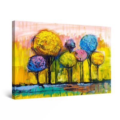 Canvas Wall Art - Abstract Rainbow Trees Painting Yellow Blue Purple