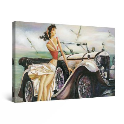 Canvas Wall Art - Beige Retro Car and Woman